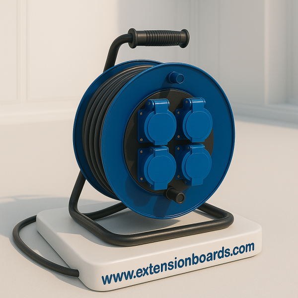 "Heavy-duty industrial cable extension reel with four blue weatherproof sockets mounted on a blue metal drum, placed on a white base labeled www.extensionboards.com, against a clean white background."